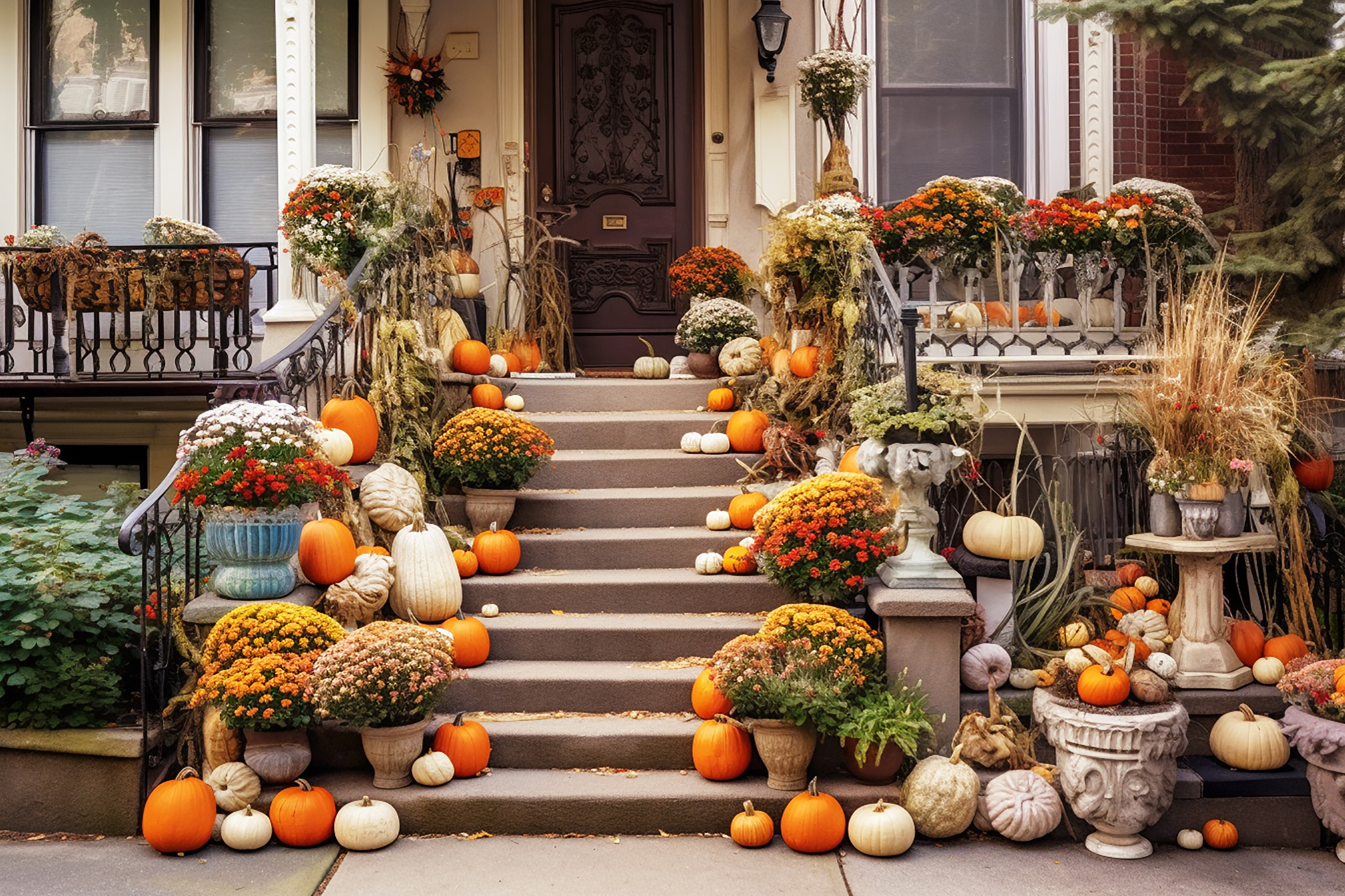 fall front porch with mums, pumpkins, urns, pedestals