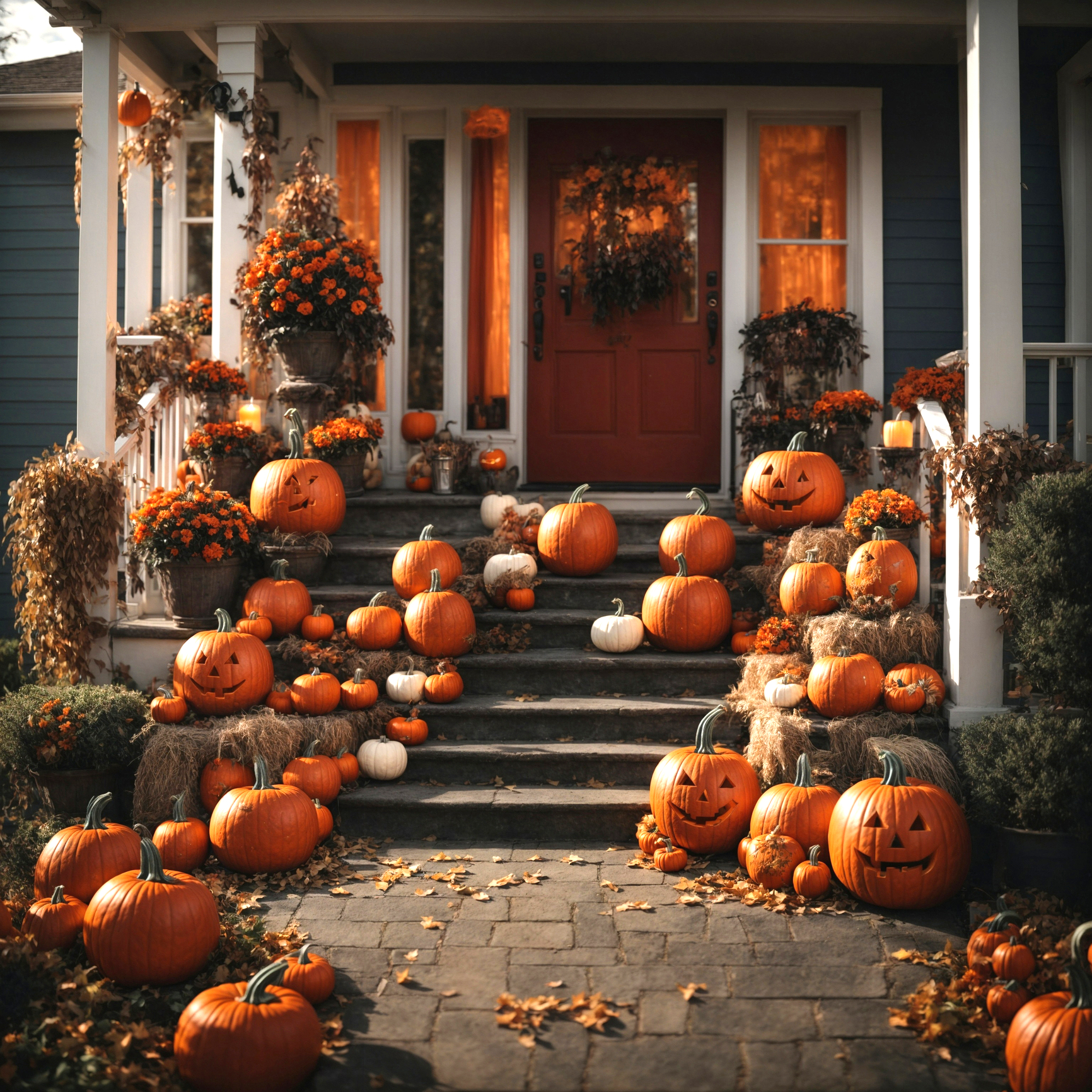 porch covered in orange pumpkins